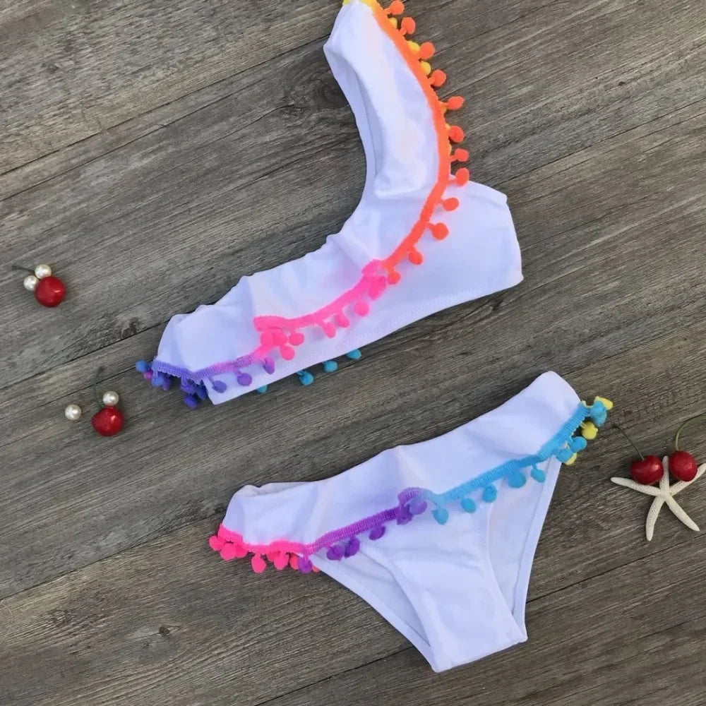 2024 Girls Split Swimsuits Cute Shoulder Swimsuit Children Swimwear Bikini Set Girl Swimming Clothes Kids Bathing Suit Beachwear