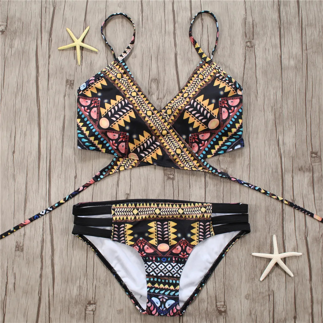 2022 Sexy Bandage Aztec Biquini String Strappy Swim Wear Bathing Suit Swimsuit Beachwear Swimwear Women Brazilian Bikini