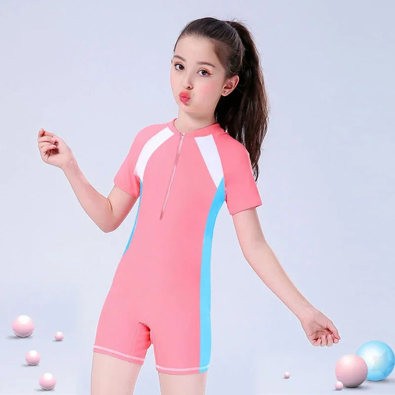 Kids Boy Girls Swimsuit Short Sleeve One Piece Zip Bathing Suit Swimming Suit Beach Holiday Shorty Swimwear Costume