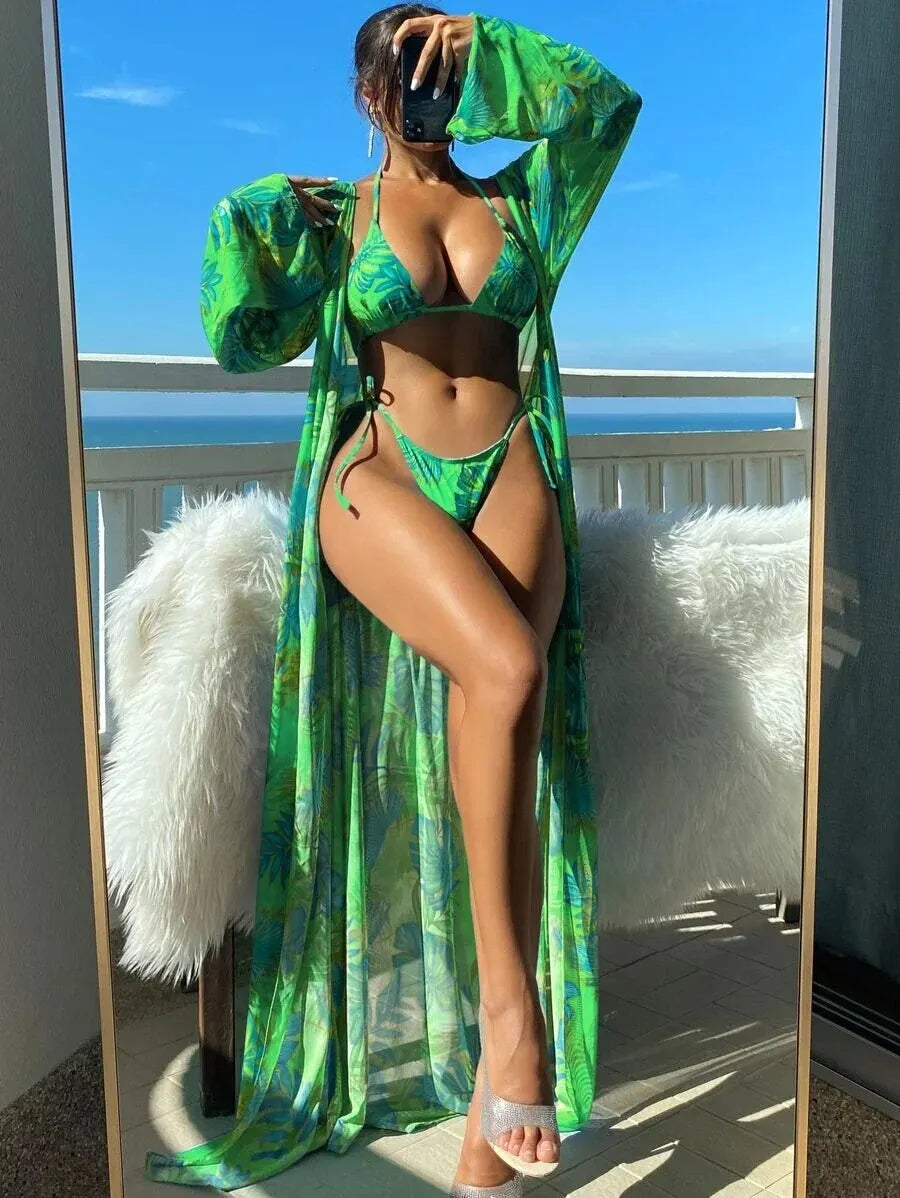 3 Pieces Triangle String Bikini 2025 Swimsuit Women & Kimono Swimwear Female Sexy Bathers Bathing Swimming Swim Suit Beachwear