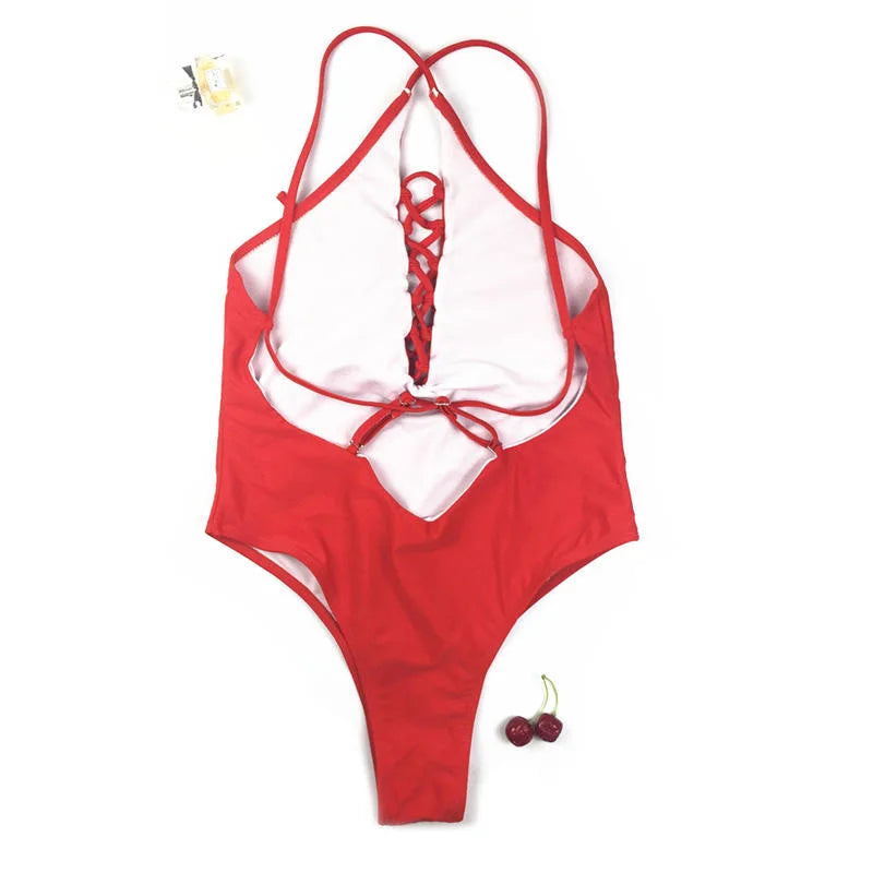 Red Trikini Bodysuit Women Maillot Bandage Swimsuit One Piece Swim Suit Women Swimwear One Piece Bathing Suit Lace up Monokini