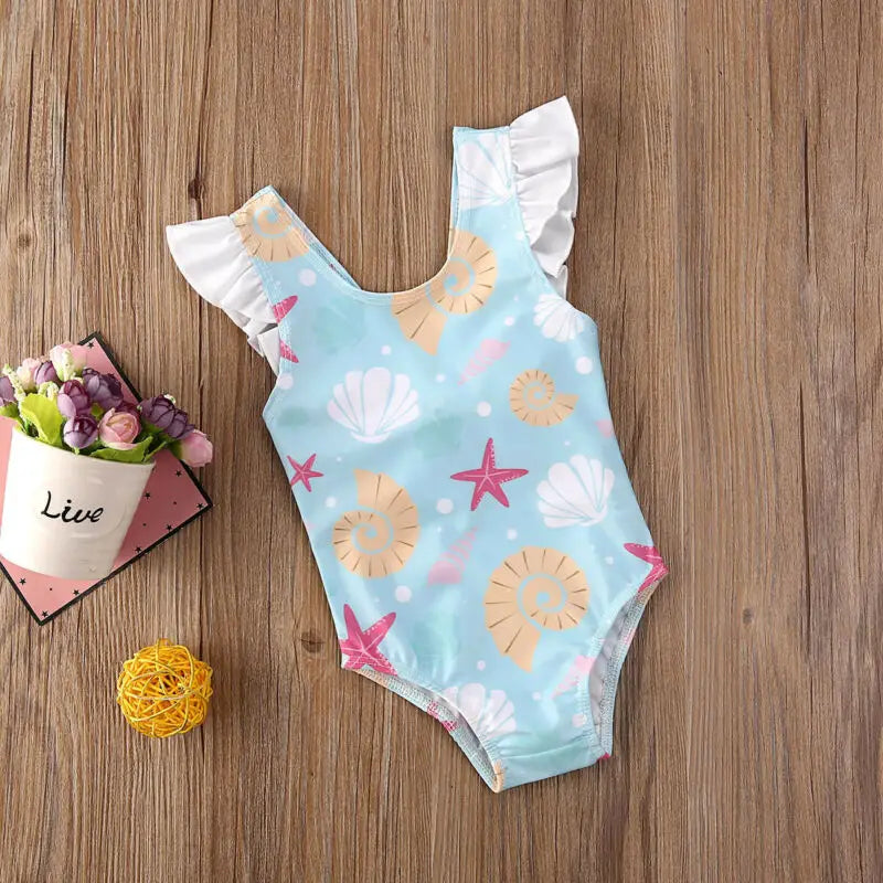One Piece Toddler Baby Girls Swimwear Shell Ruffle Bow Bikini Swimsuit Swimming Suit Clothes Bathing Suit
