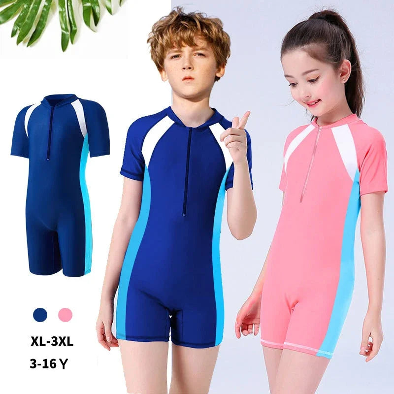 Kids Boy Girls Swimsuit Short Sleeve One Piece Zip Bathing Suit Swimming Suit Beach Holiday Shorty Swimwear Costume