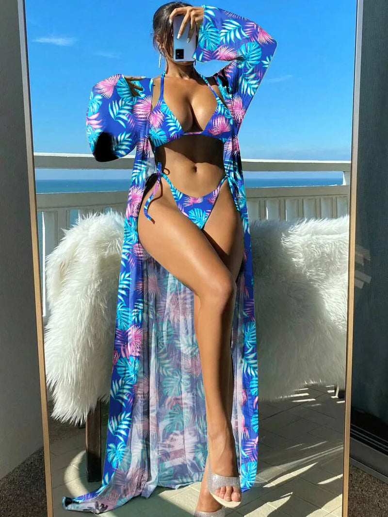 3 Pieces Triangle String Bikini 2025 Swimsuit Women & Kimono Swimwear Female Sexy Bathers Bathing Swimming Swim Suit Beachwear