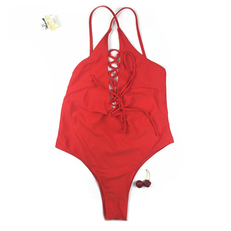 Red Trikini Bodysuit Women Maillot Bandage Swimsuit One Piece Swim Suit Women Swimwear One Piece Bathing Suit Lace up Monokini