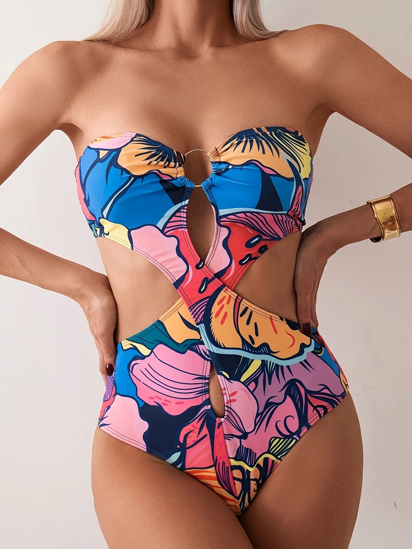 Women Bandeau Swimsuit One-Piece round Chest Hollow Backless Swimsuit Holiday Style