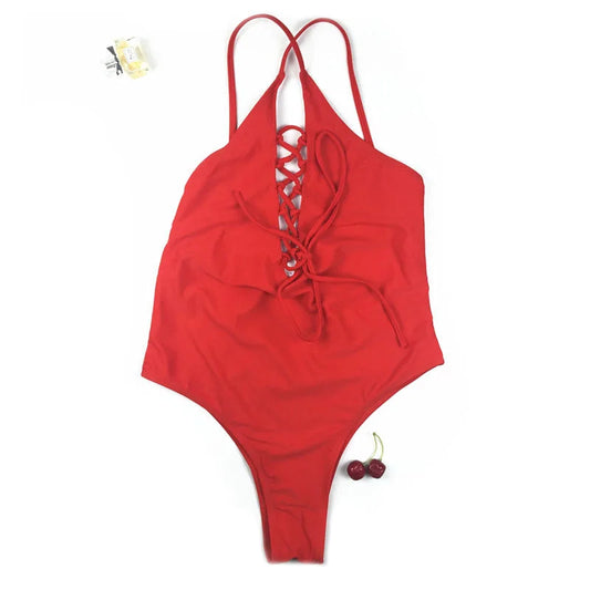 Red Trikini Bodysuit Women Maillot Bandage Swimsuit One Piece Swim Suit Women Swimwear One Piece Bathing Suit Lace up Monokini